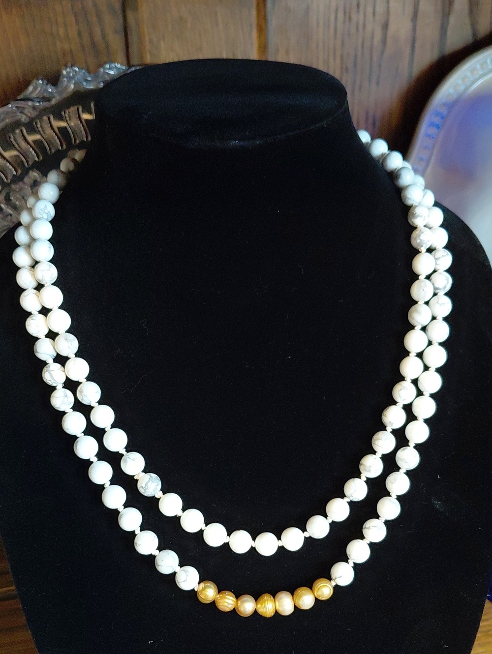 Classic White Howlite (Turquoise) Beaded Necklace with Gold Fresh Water Pearls